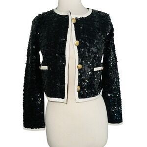 ND1 J. Crew Sequin Jacket Cropped Black Gold Button White Trim Party Coat XS